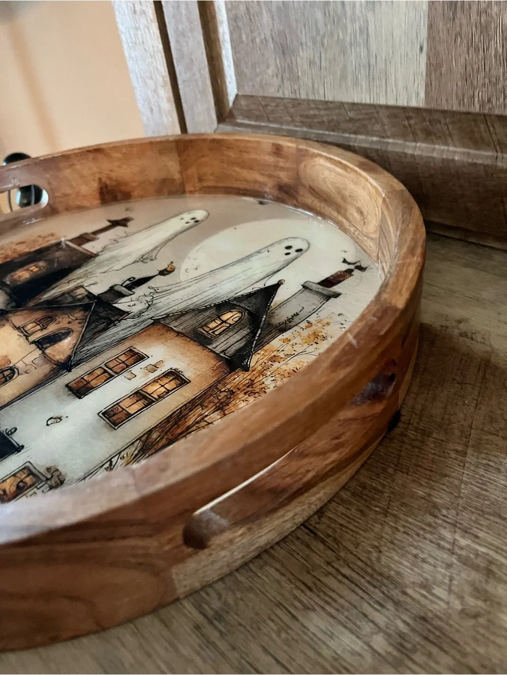 Viral Halloween Whimsical Ghost Wooden Tray Haunted House